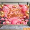 2D Sweet Pink Gold Birthday Backdrop Banner Princess Themed Happy Birthday Party Decor Background