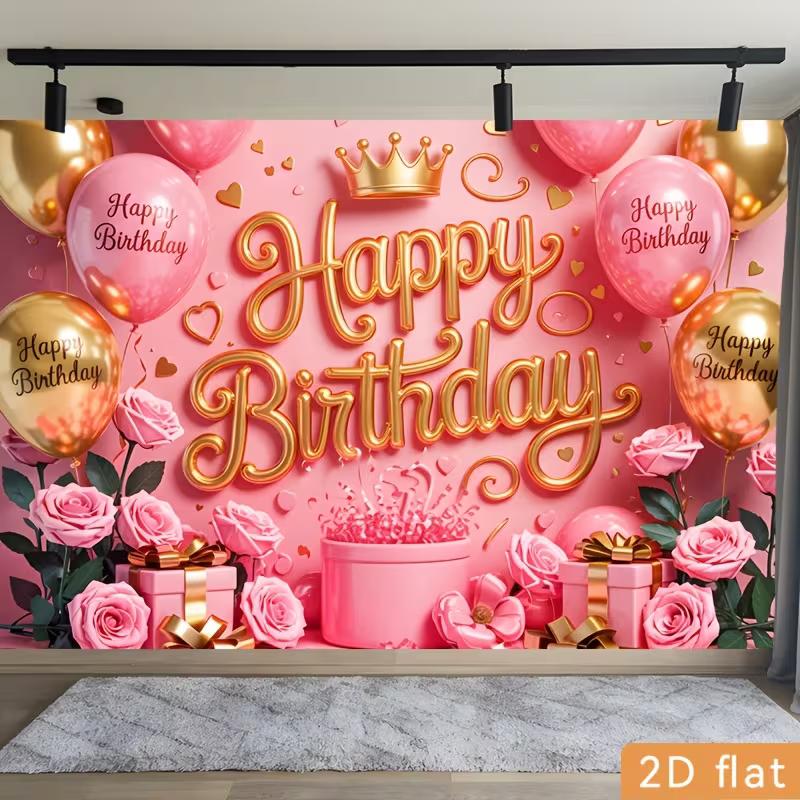 2D Sweet Pink Gold Birthday Backdrop Banner Princess Themed Happy Birthday Party Decor Background