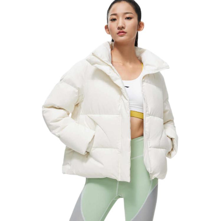 Li-Ning Fitness Series Solid Color Water-Resistant Stand Collar Short Down Jacket Women Jacket Champagne-White AYMT096-2