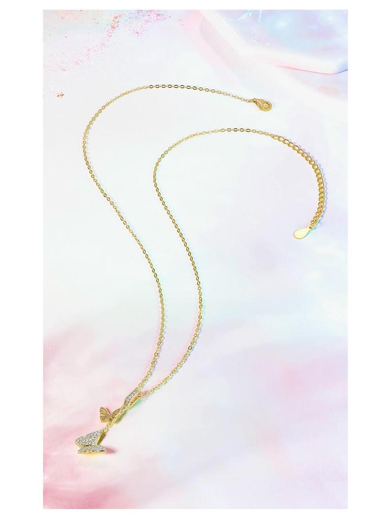Double Butterfly S925 Sterling Silver Necklace - Elegant Tassel Clavicle Chain for Women