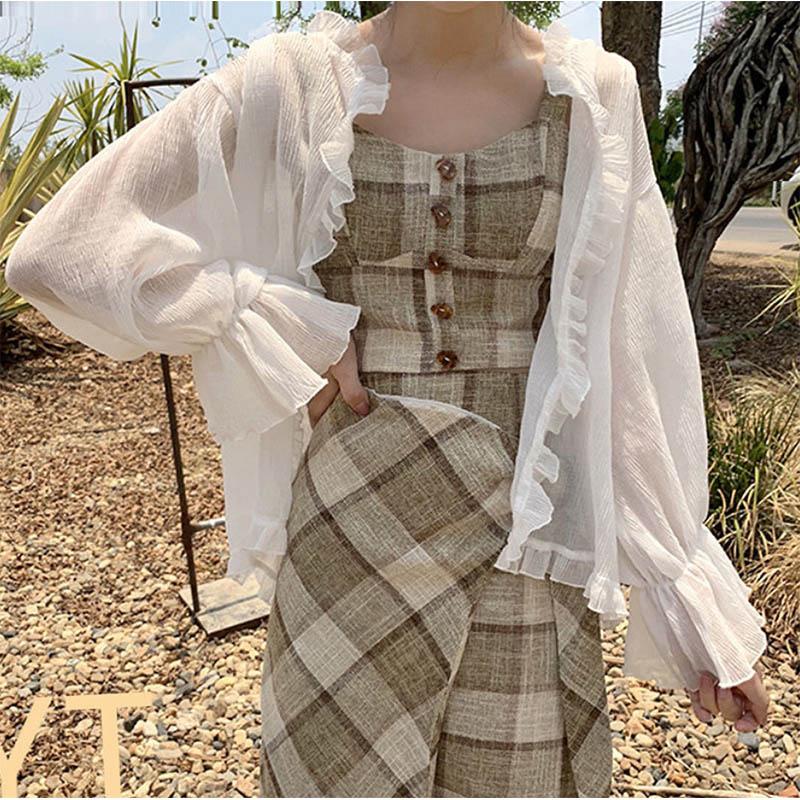 

Женский солнцезащитный кардиган из ледяного шелка с юбкой на подтяжках, шалью и шифоновой курткой XXL белый