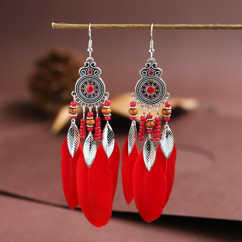 Bohemian Ethnic Long Tassel Feather Dangle Earrings for Women - Retro Prairie Vacation Style Accessories