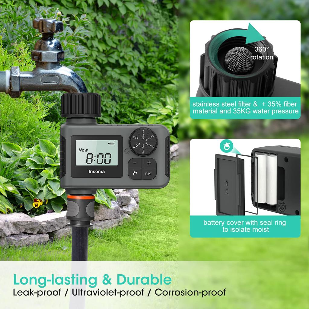 Insoma Automatic Water Timer Intelligent Irrigation Watering System Sprinkler Timer Garden Programmer Equipment IPX7 LCD Display