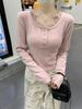 Korean Autumn Slim-Fit Square Neck Lace Trim Long-Sleeved Cashmere T-Shirt for Women