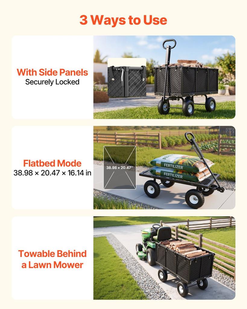 Garden Cart, 544.3 kg, Heavy Duty Steel Hand Trolley, Yard Utility Wagon Outdoor Transport Cart with 10-Inch Tires, Adjustable Handle, Detachable Side