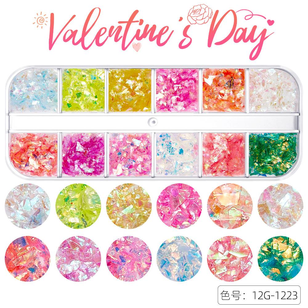 

12-сетка блесток для дизайна ногтей ко Дню святого Валентина, сверкающие разноцветные звезды любви шестиугольные блестки украшения для дизайна ногтей opp bag