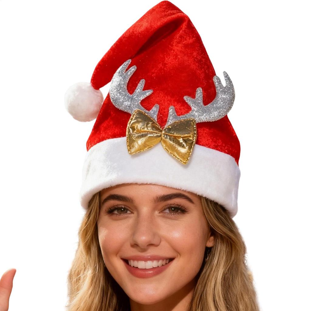 Christmas Hat Soft Party Headwear With Reindeer Antlers Bow Decoration Plush Santa Hat Gift For Birthday Holiday New Year