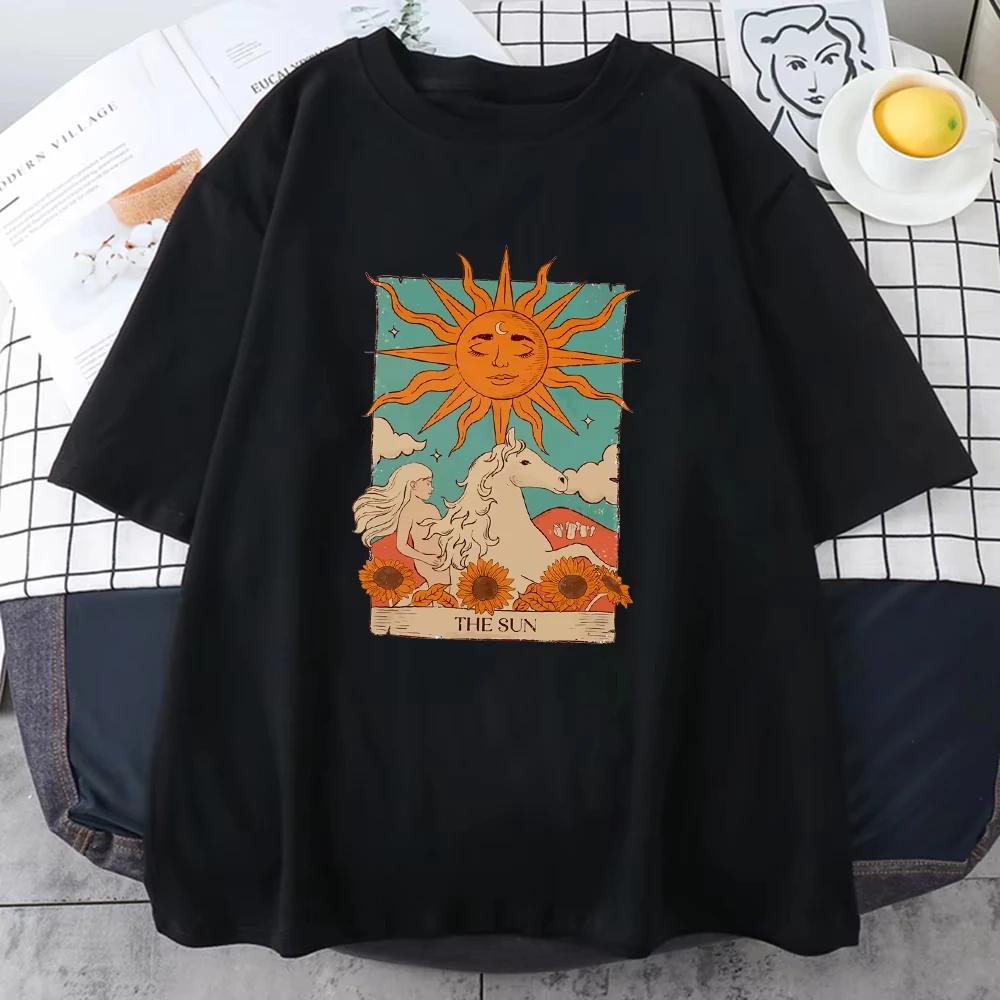 

2025 Tarot Card Art The Sun Male Cotton T Shirt High Street Vintage Clothing Breathable Casual O-Neck Short Sleeve Mens Cotton 4XL