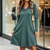 Women's Loose Fit Retro V-Neck Button Down Long Sleeve Color Casual Dress