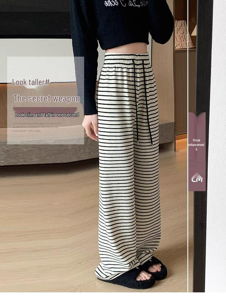 150cm High-Waisted Black & White Striped Wide-Leg Petite Women's Pants for Autumn/Winter