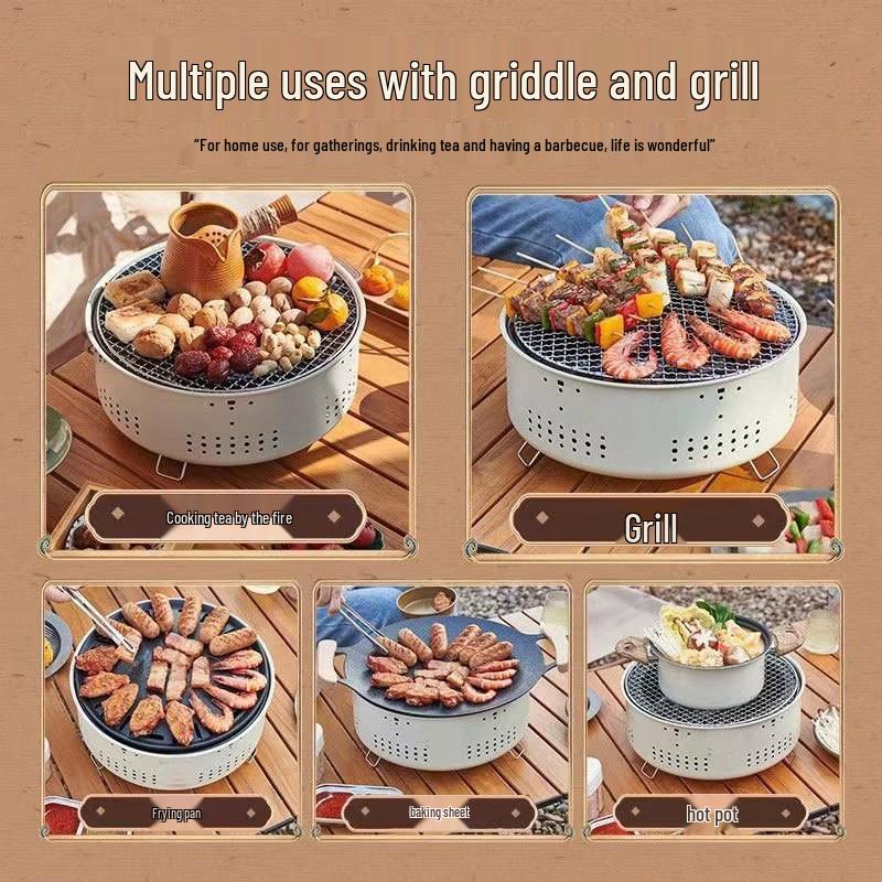 Churrasqueira a Carvão para Exterior com Grelha Redonda para Casa, Preparo de Chá, Acampamento e Uso como Fogão de Aquecimento
