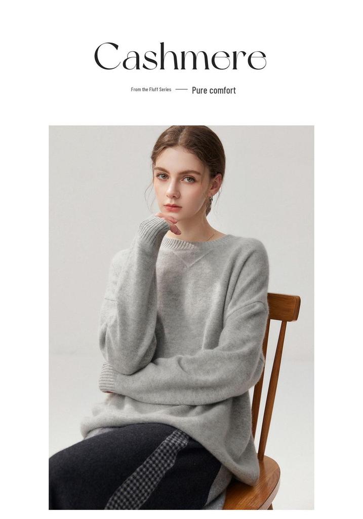 Women's Mid-Length Thickened Cashmere Sweater, Round Neck, Loose Fit, Simple Commuting Style - Ideal for Autumn and Winter Layers