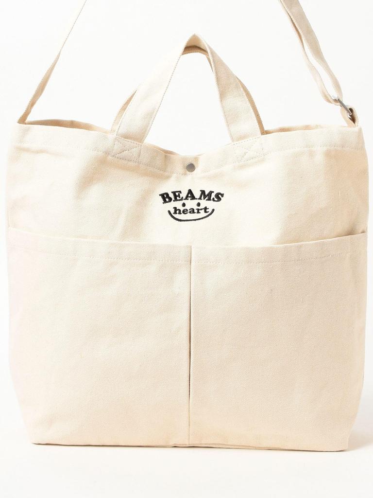 Beams Heart Canvas Bag, Smile Embroidered Logo, Women's, Natural, One Size