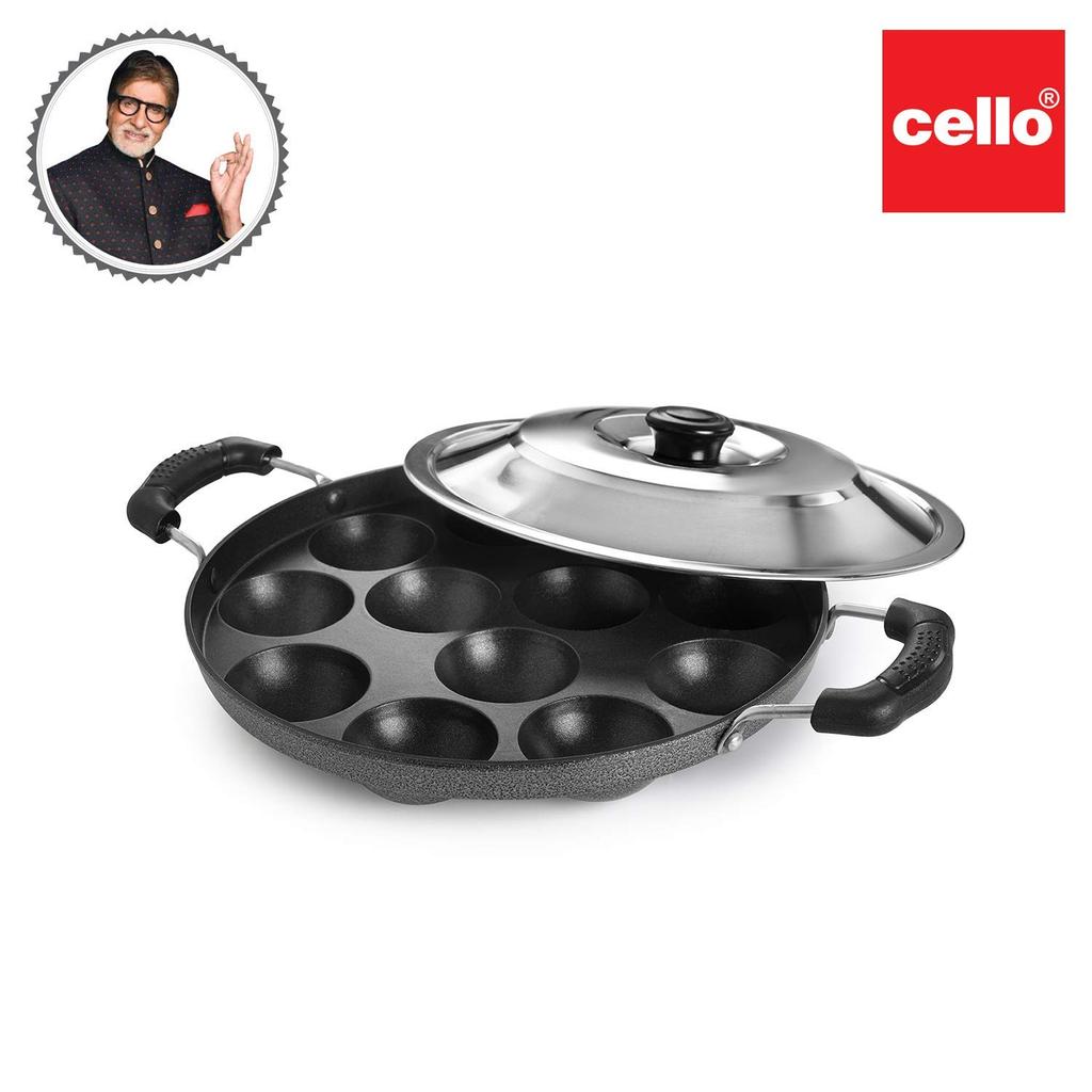 CELLO Non Stick Appam Patra Pan For Quick Healthy Cooking With 12 Cavity And Steel Lid Easy Clean Gold Black Design