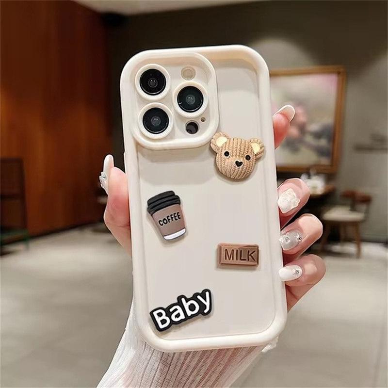 Cute 3D Bear Drinking Coffee Phone Case for iPhone 16 15 14 Pro Max, Soft Matte Silicone Cover Shockproof for iPhone 13 12 11 Pro Plus X XR XS