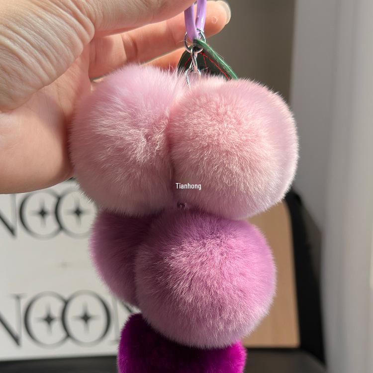 Real Rex Rabbit Fur Grape Keychain & Bag Charm - Cute Pendant Pompon