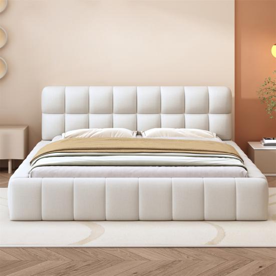 Upholstered Bed 140 x 200cm, Youth Bed, Double Bed with Soft Backrest, Flat Bed with Upholstered Frame, Slatted Frame Linen Beige (Mattress Not