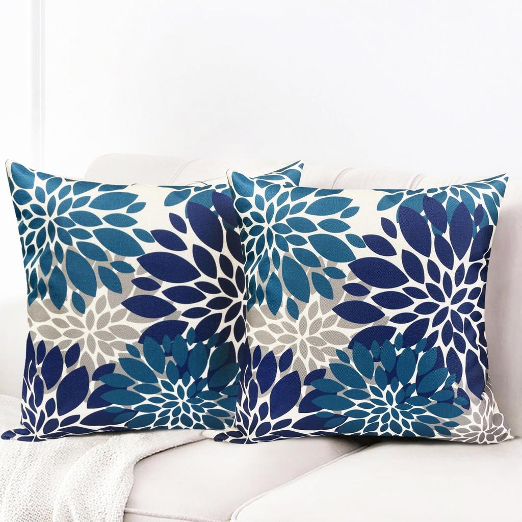 Set Of 2 Pillow Covers 18X18Inch Linen Square Throw Pillow Case,Farmhouse Modern Floral Flower Pillow Covers For Couch Sofa