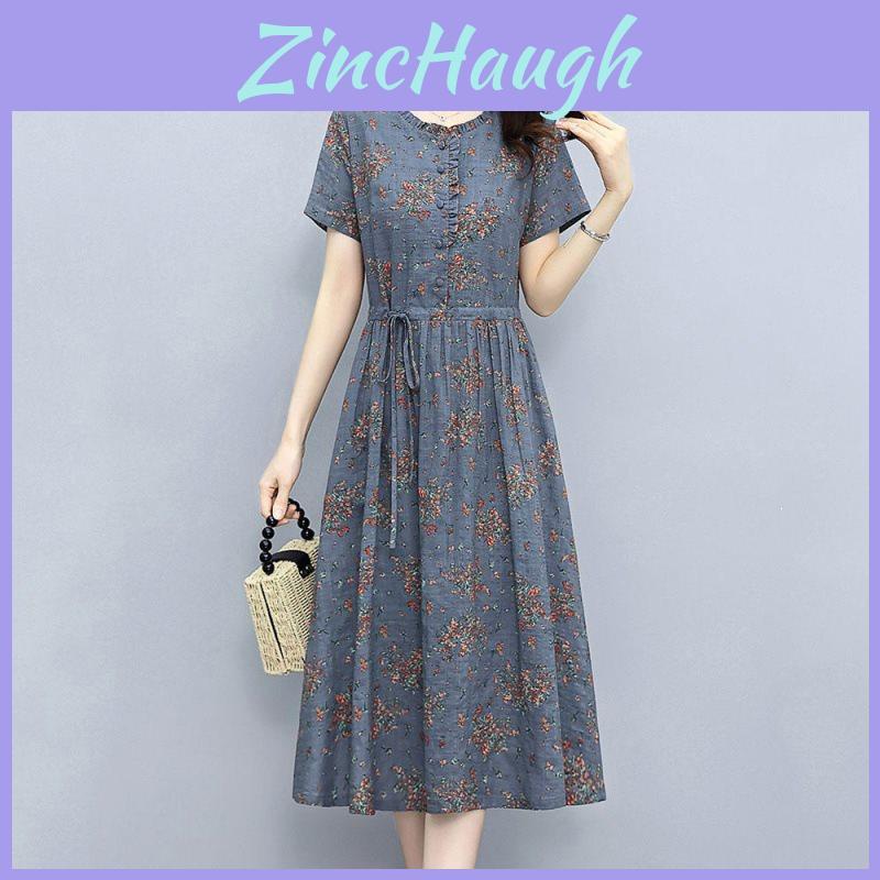 Cotton Linen Floral Midi Dress With Ruffle Details For Summer Streetwear