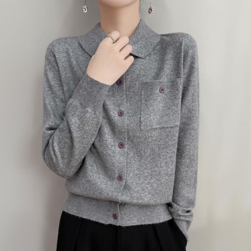 Women's Autumn Lapel Pocket Wool Cardigan – Long Sleeve Solid Color Knit Outerwear