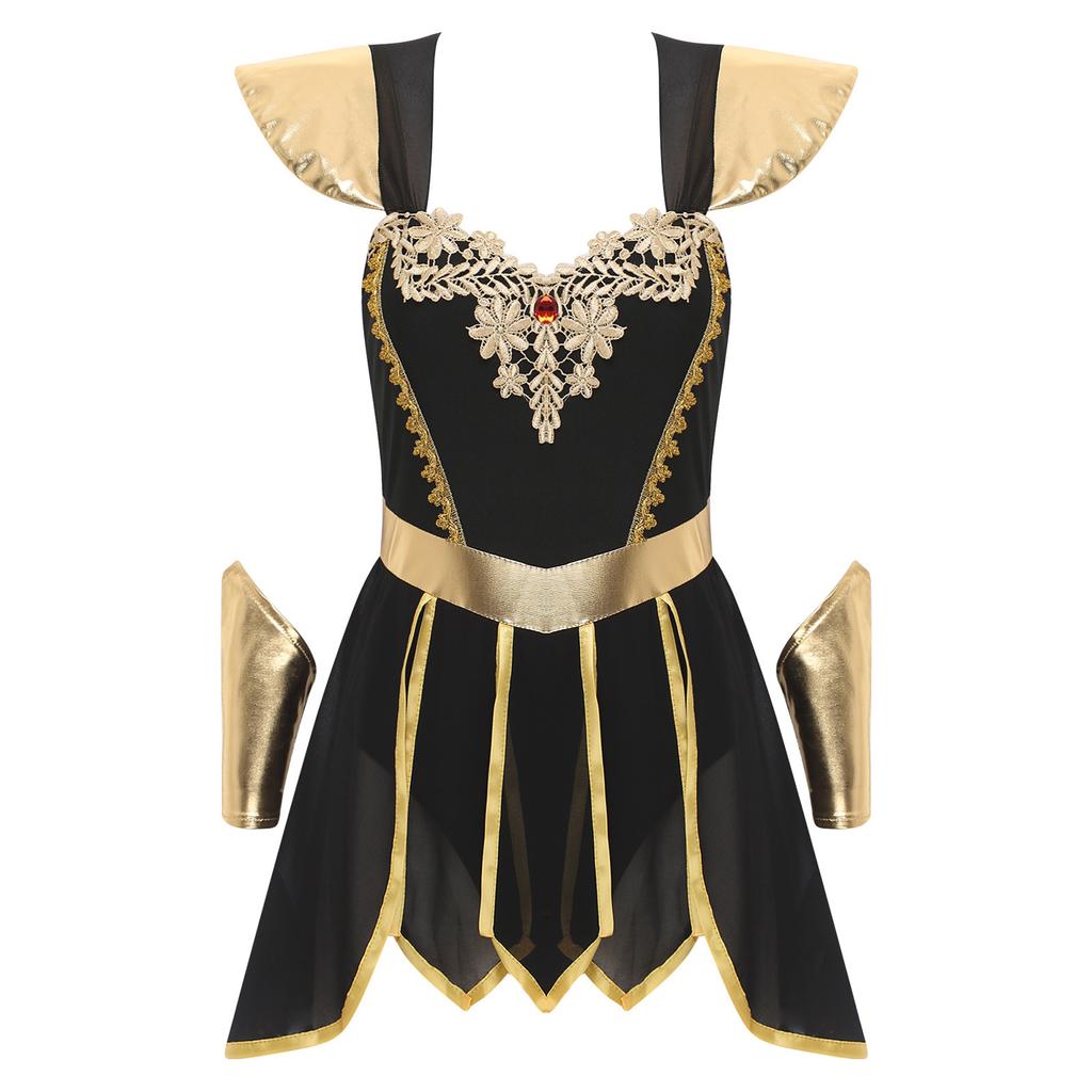 Womens Roman Toga Costume Petal Skirt Bodysuit Integrated Cape Design Ancient Theme Metallic Wristbands