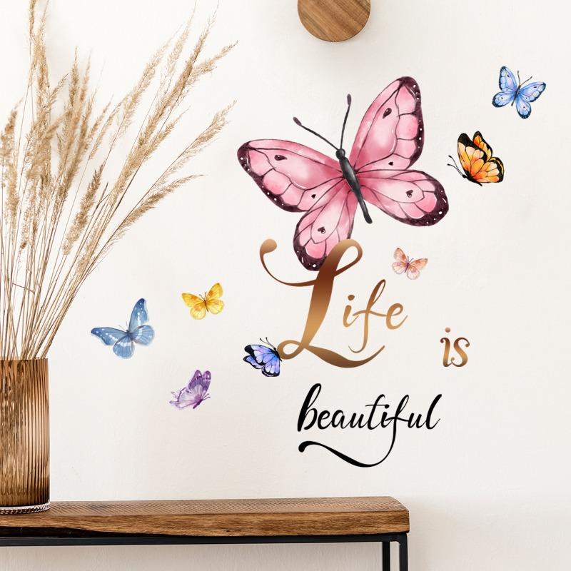 Wall Sticker English Life Is Beautiful Butterfly Wall Sticker Living Room Room Decoration Wall Sticker Self-adhesive