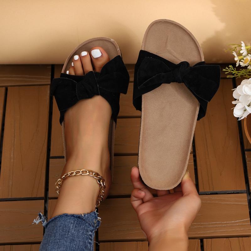 Spring and summer new large size bow slippers women's casual suede one-character flat bottom sandals women's lipprs