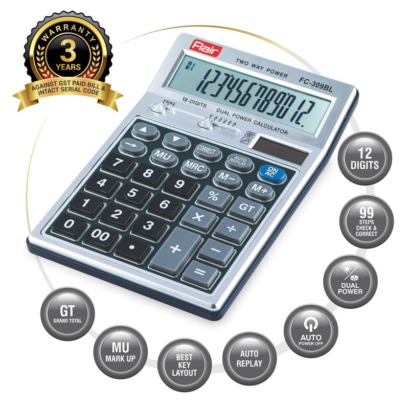 Flair FC-309 Desktop Calculator Grey Dual Power GT Keys Metal Cladding 99 Steps Check & Correct for Home Office Shop Use
