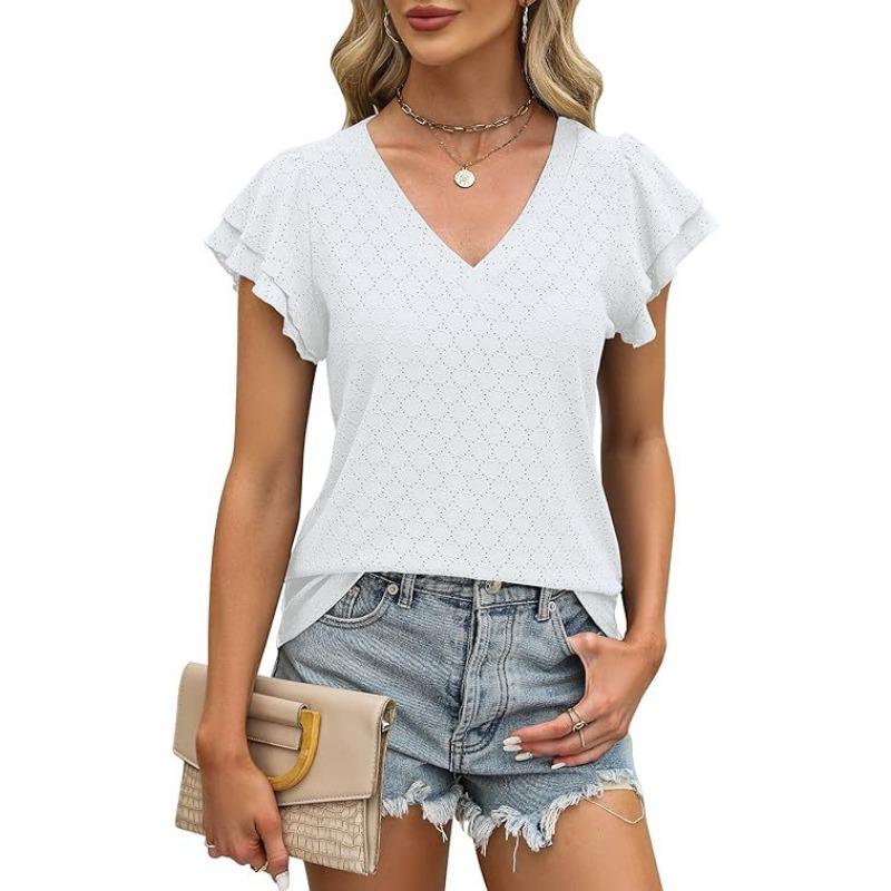 

YYFS Женская мода Повседневная Летняя Весна Однотонный Принт Короткие Рукава V-образный Вырез Блузки и Рубашки S белый