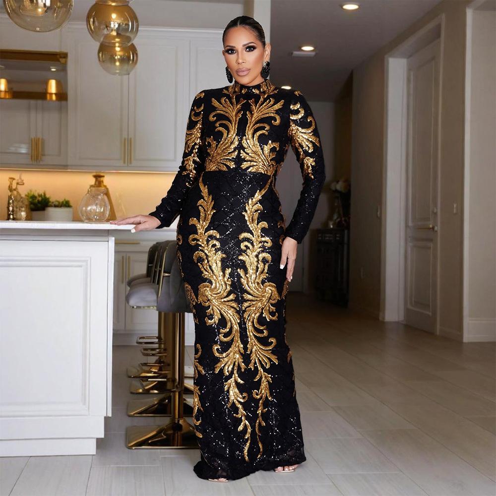 Women's Fashionable Sequined Long-sleeved Body-hugging Fishtail Dress and Slimming Dress