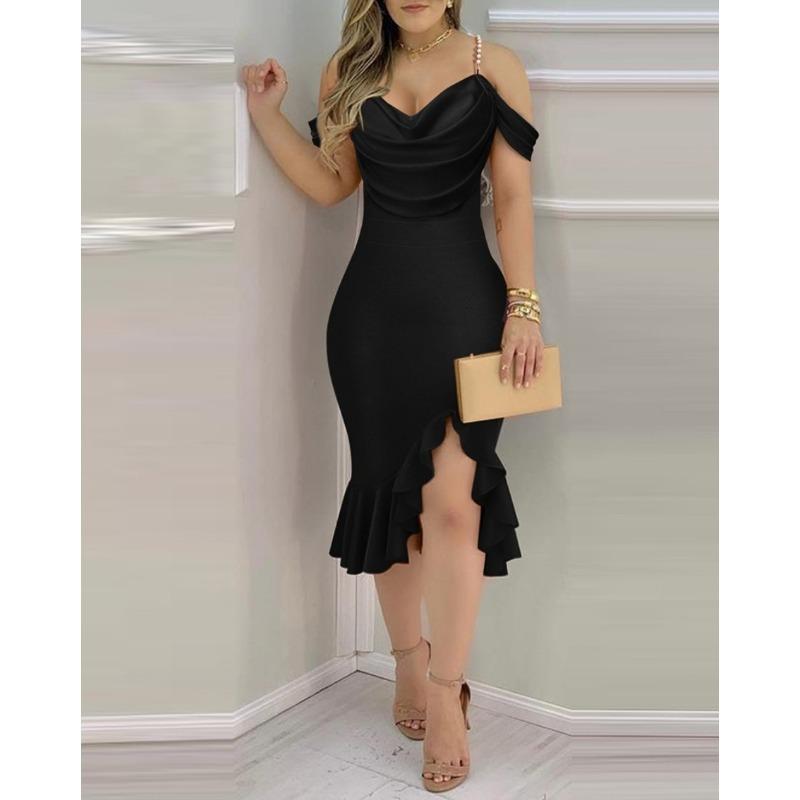

women s Off Shoulder Pearl Strap Cowl Neck Ruffle Slit Bodycon Midi Dress Elegant Party Evening Dress S чёрный