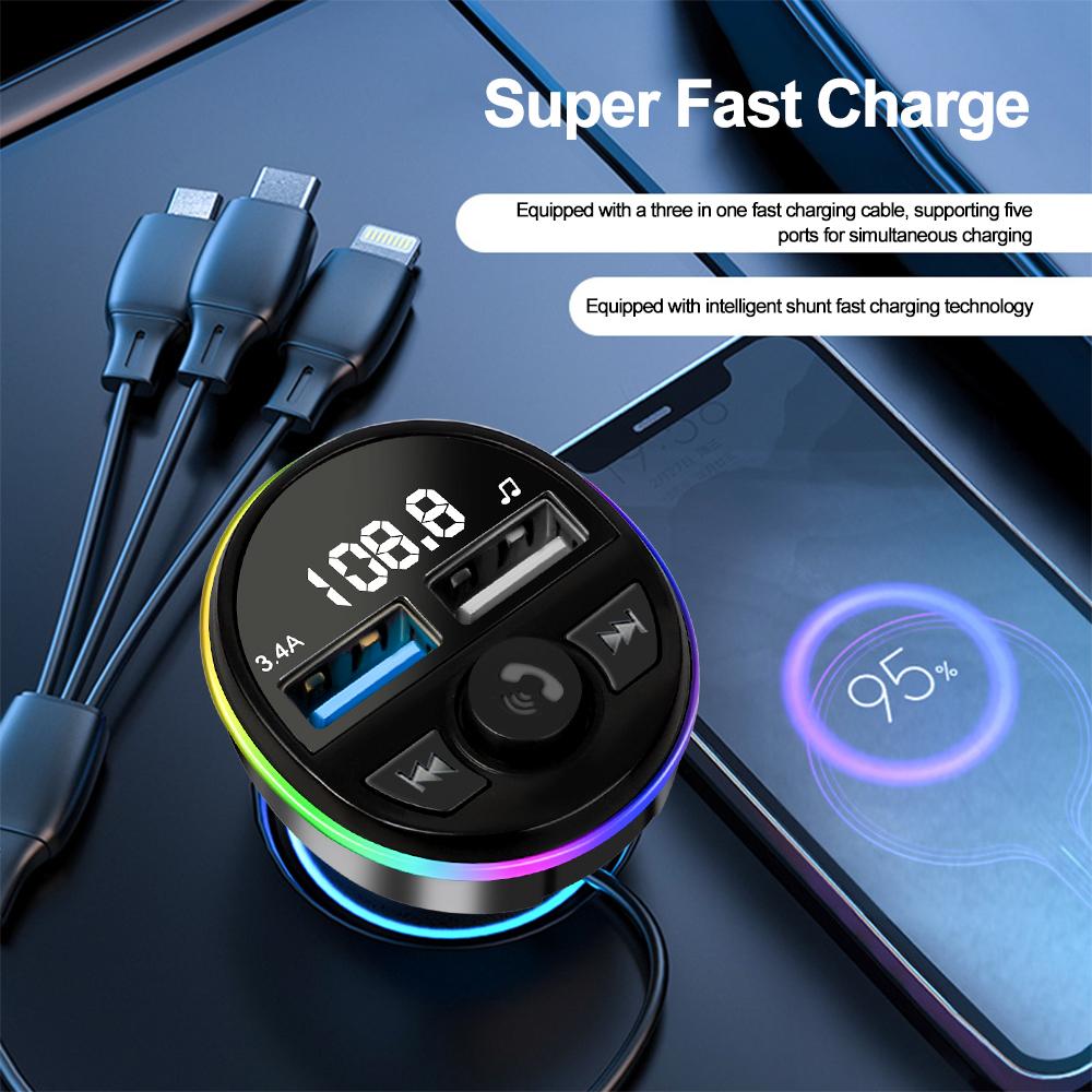 Car Fast Charger with 3 In 1 Cable Bluetooth 5.0 FM Transmitter Car Kit MP3 Modulator Player Handsfree Audio Receiver for Iphone Huawei Xiaomi