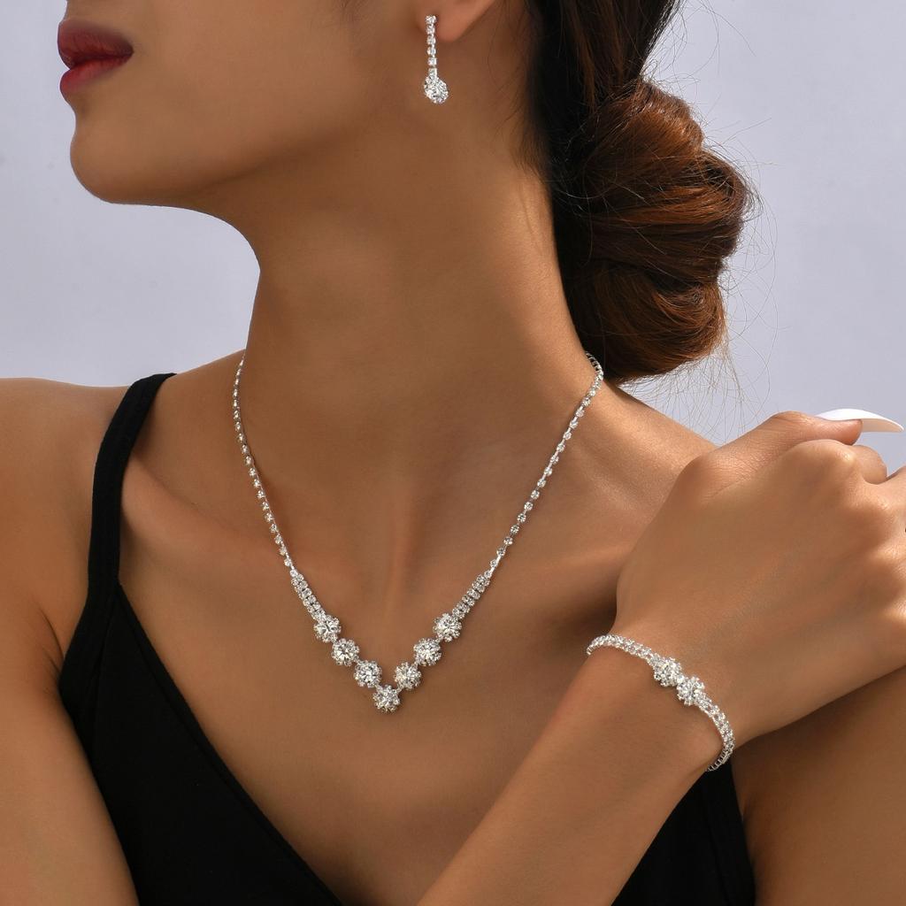 4 pieces of women's wedding set, rhinestone necklace, bracelet, earrings, party and banquet accessories