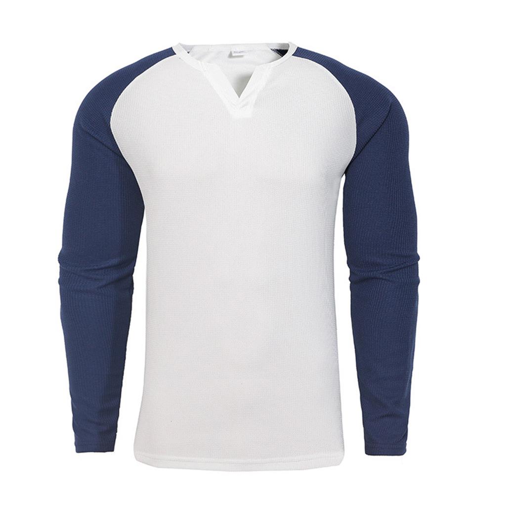 Męska koszulka z dekoltem w serek, w paski kolorystyczne, z długim rękawem, codzienna, sportowa, dopasowana