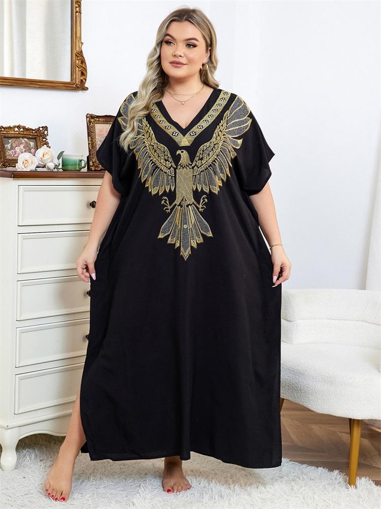 

EDOLYNSA Винтажный черный кафтан с v-образным вырезом и вышивкой золотого орла больших размеров, женское длинное платье, летняя праздничная пляжная одежда, купальник, накидка Q1682 One Size чёрный