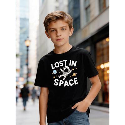 European Sizes Kids T Shirt Boys Clothing Casual Street Style Trendy Lost In Space Astronaut Planet Star Pattern Black Tee for Boys