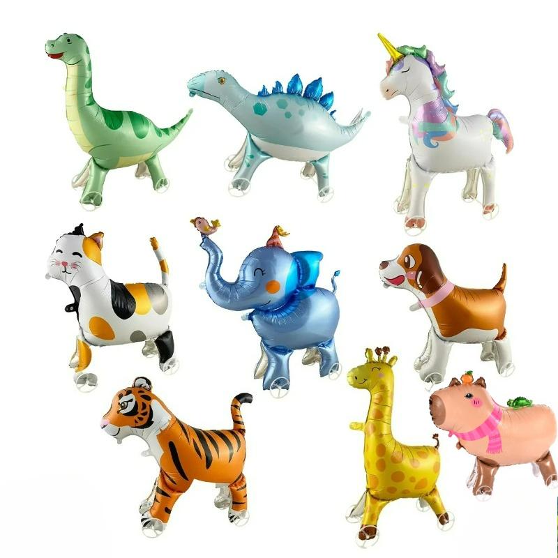 16pcs Cute Walking Animal Foil Balloons with Wheels Walking Wheels Elephants Dinosaurs Lions Rabbits Children's Toy Balloons