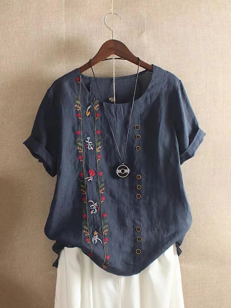 Retro Cotton Linen Short Sleeve Embroidered Flower Women's T-shirt Crew Neck Plus Size Tops Summer Shirt