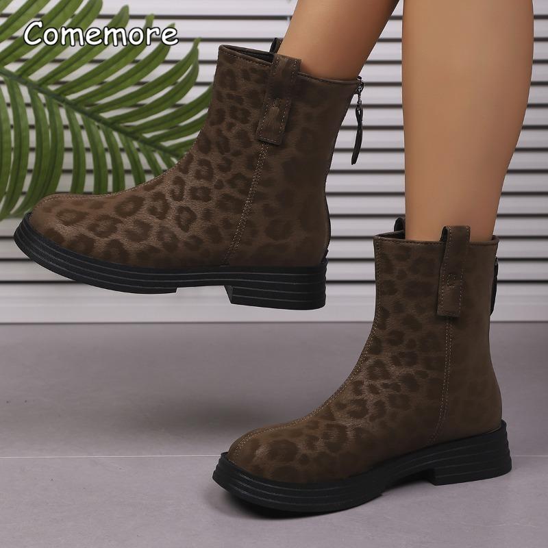 Fashion Women Round Toe Short Boots Autumn Winter Retro Leopard Women's New Size 36-42 Back Zip Ankle Booties Botas Para Mujer Fashion