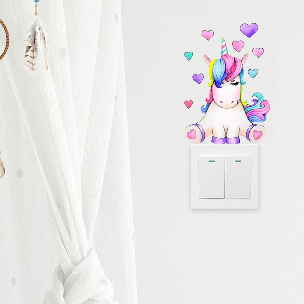 Samolepicí roztomilé kreslené samolepky na vypínač ve tvaru jednorožce a srdce pro dětský pokoj, obývací pokoj, ložnici, dekorace na zeď