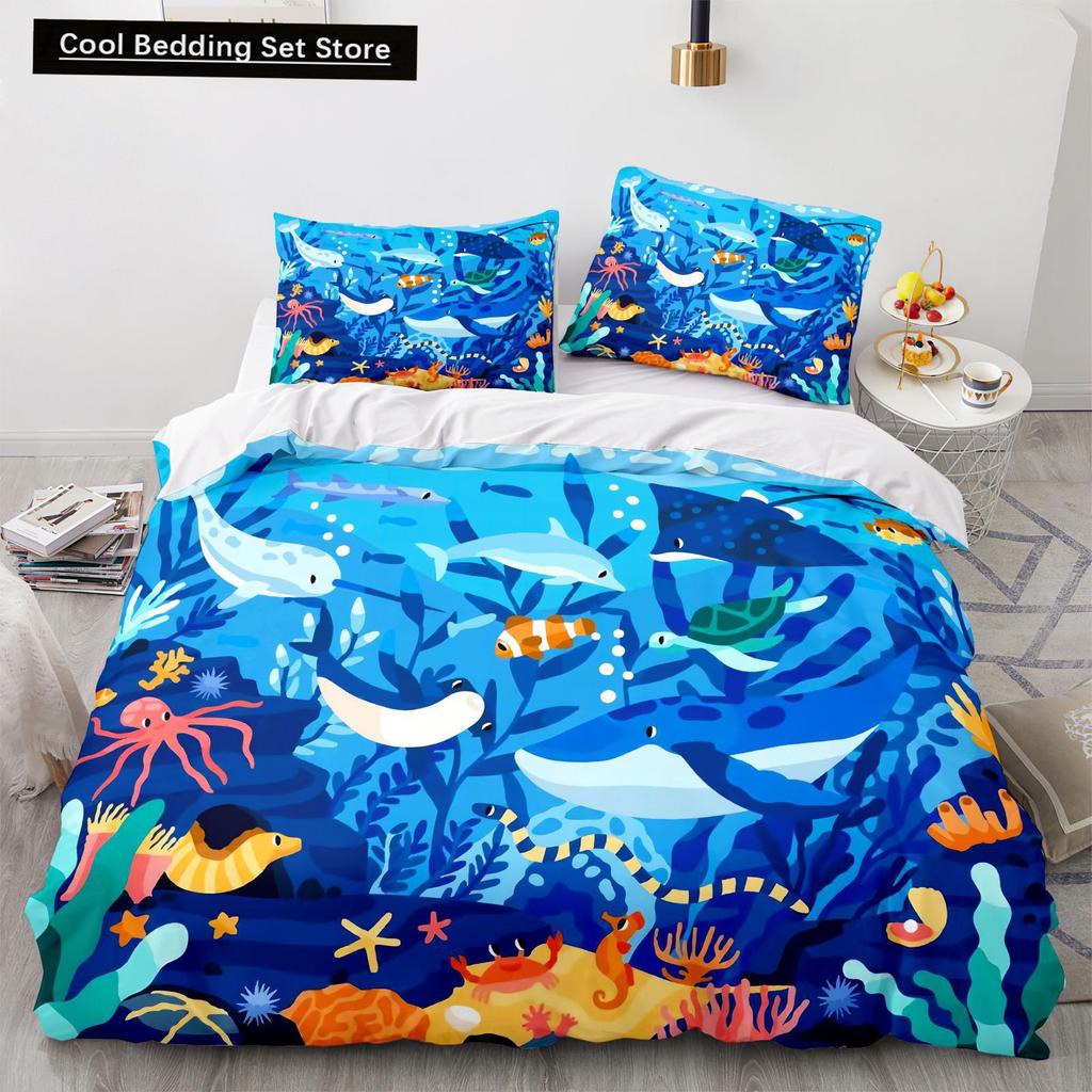 Underwater World King Queen Duvet Cover Cartoon Ocean Animal Bedding Set for Kids Fish Coral Sea Life Soft Polyester Quilt Cover
