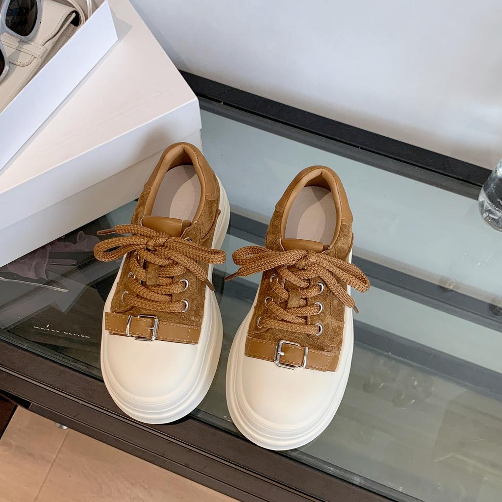 2025 Autumn New Metal Buckle Soft Leather Thick-soled Muffin Small 6cm Height Increase Casual Board Shoes Bread Shoes