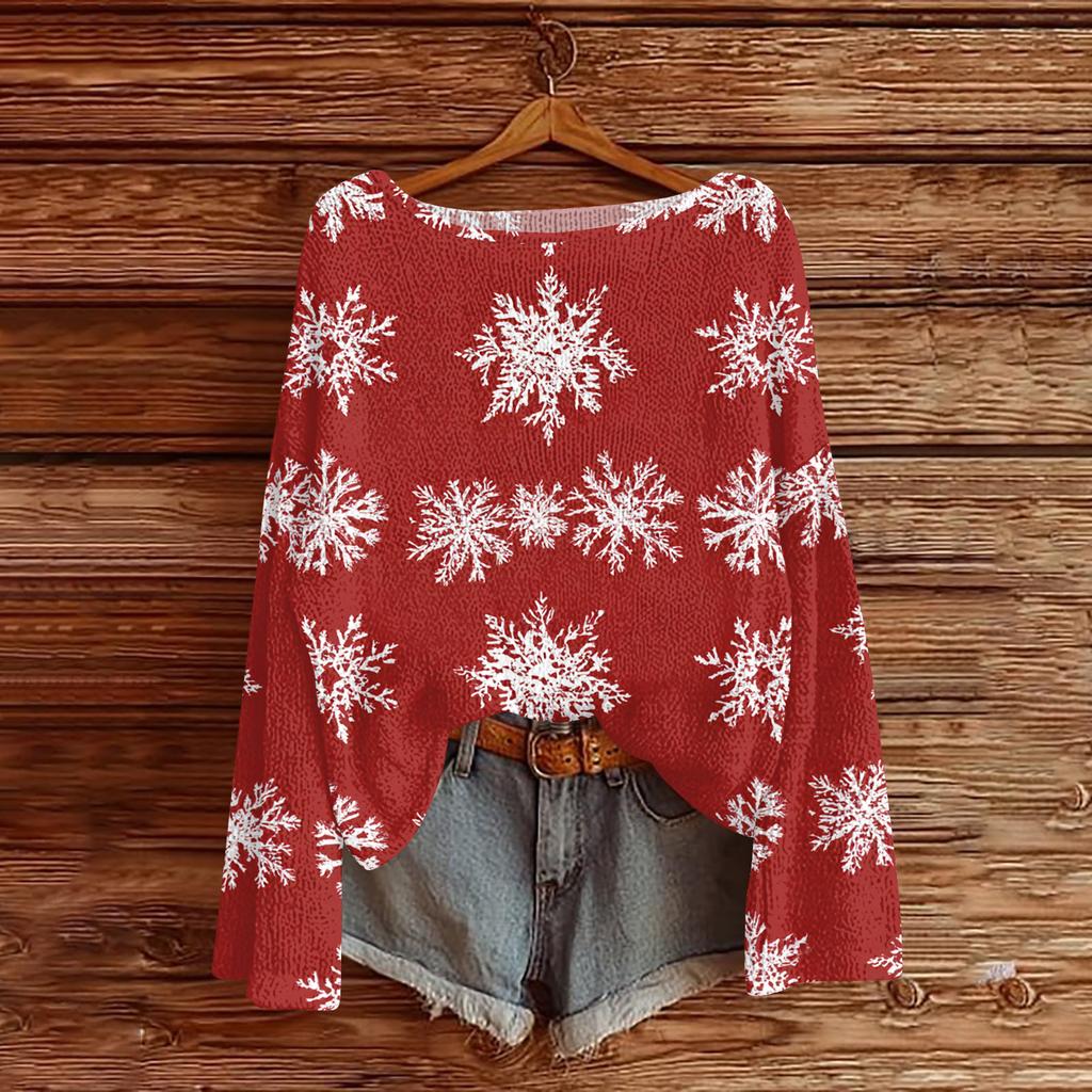 Women's Fashion Christmas Print Lightweight Sweater Casual Long-Sleeve Knit Pullover Top