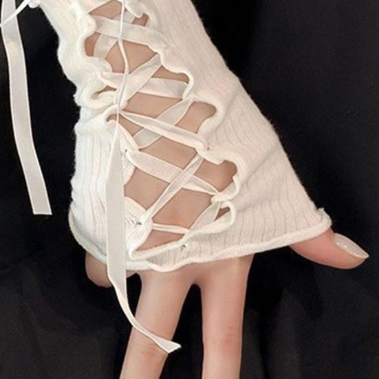 Women Retro Fingerless Gloves Gothic Lace Arm Sleeves with Straps Ruffled Lace-up Wrist Cuffs for Cosplay Prom Daily Wear