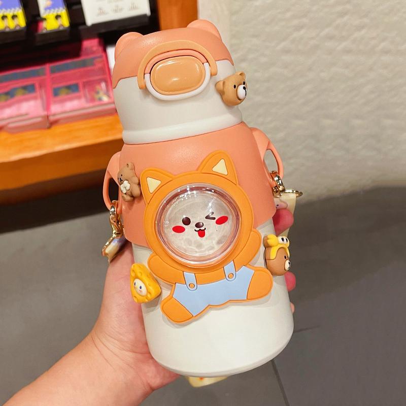 520ml Charming Kids Thermos Bottle With Straw Lightweight Stainless Steel Spacious Boys Girls Student Water Cup Leak Proof Kettle