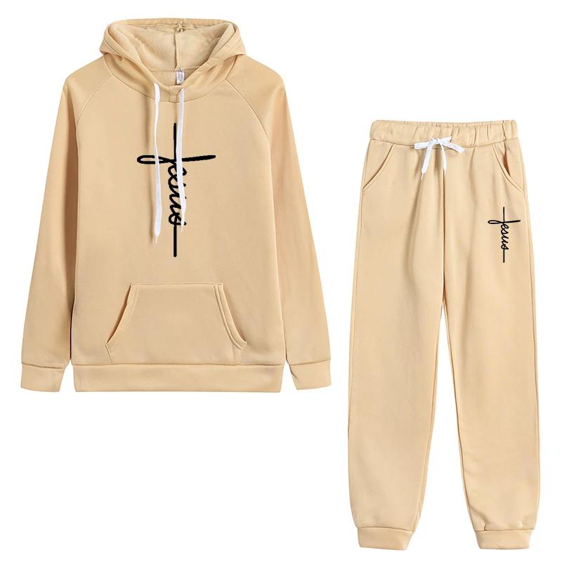 Frühling und Herbst Damen Print Conjunto Moletom Feminino Fleece Sportbekleidung Langärmliger Kapuzenpullover mit Taschen Anzug