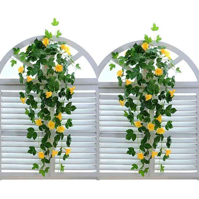 Artificial Vines 2pcs Artificial Morning Glory Trumpet Flower Vine Fake Green Plant Home Garden Wall Fence Outdoor Wedding Hanging Baskets Decor