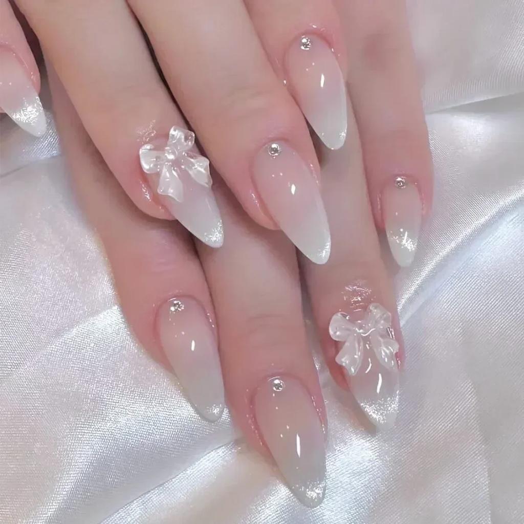 24Pcs Pink Almond False Nails Butterfly Ballet with French Design Wearable Fake Nails Simple Artificial Press On Nails Tips Art