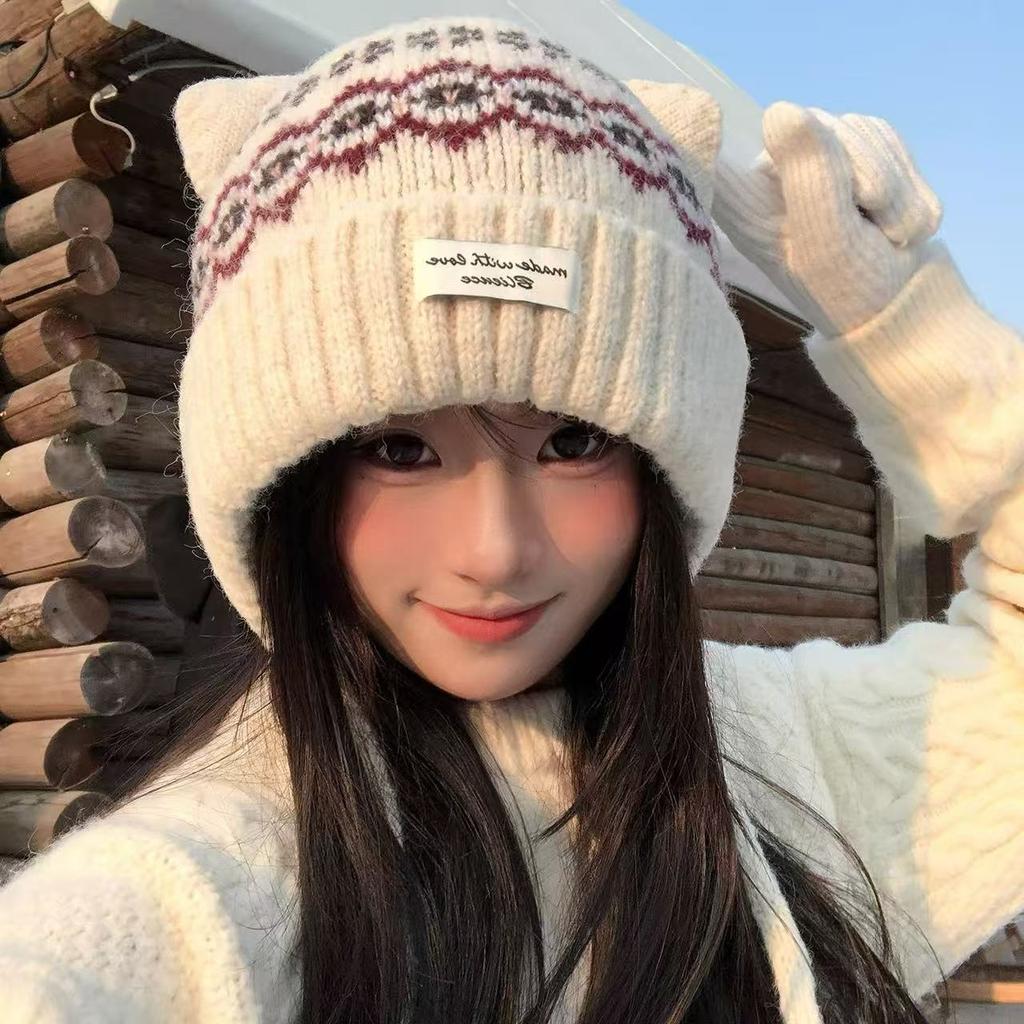 Knitting season ear protection cat small warm tide show face Fair Island wool hat knitted earcap women's winter hat cute