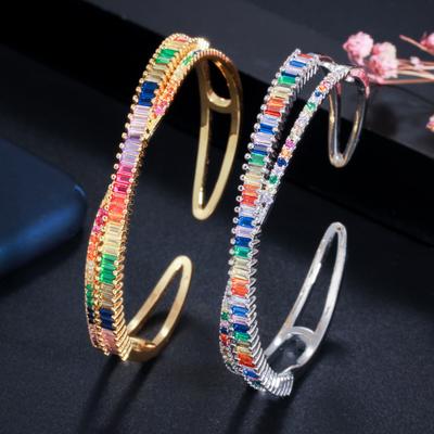 S0154 Creative Cross-Opening Bracelet Sparkling Colorful Square Zircon Bracelet, Trendy Jewelry